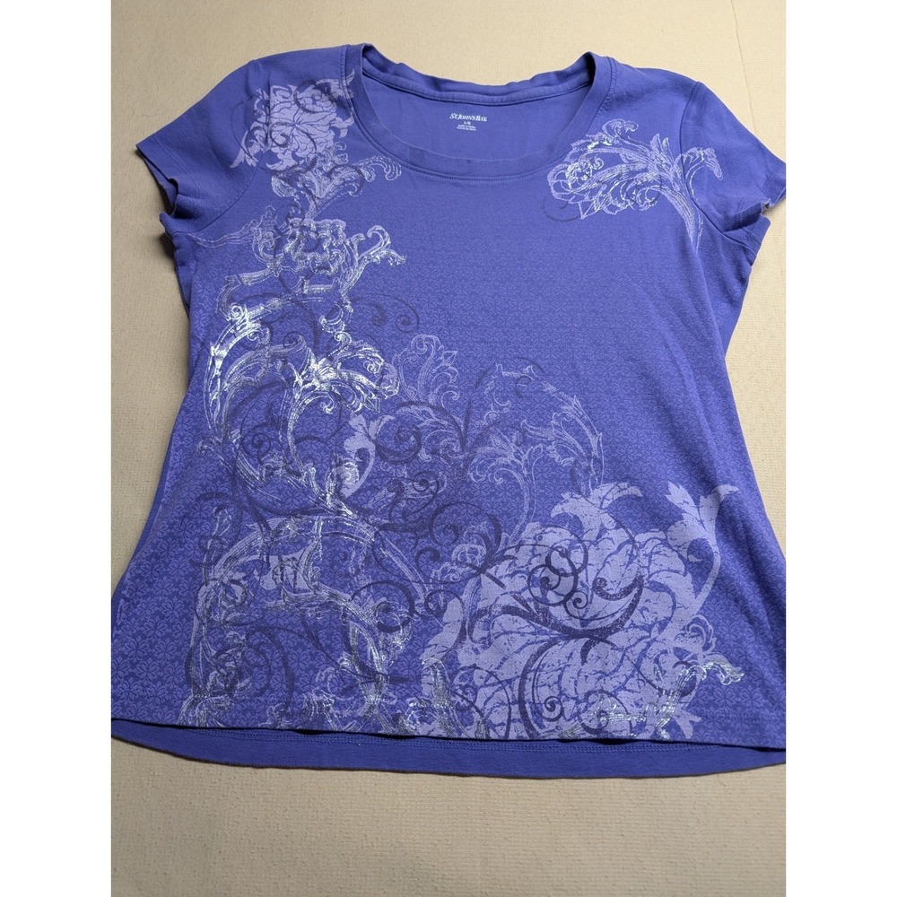 St Johns Bay Women's T Shirt Purple With Silver Flourishes Cotton Blend